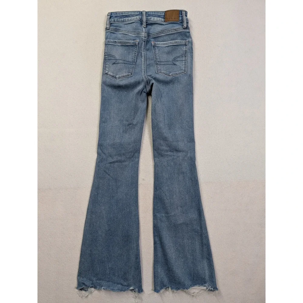American Eagle Womens Jeans 0 Super Hi Rise Flare Distressed Blue